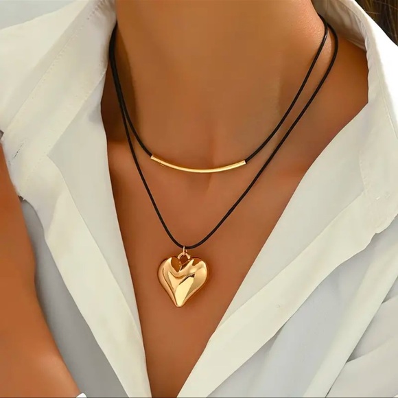 Gold Heart Black Layered Cord Necklace New - Picture 1 of 6